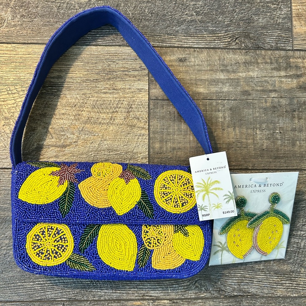 America & Beyond Blue Beaded Shoulder Bag with Yellow Lemon Motif